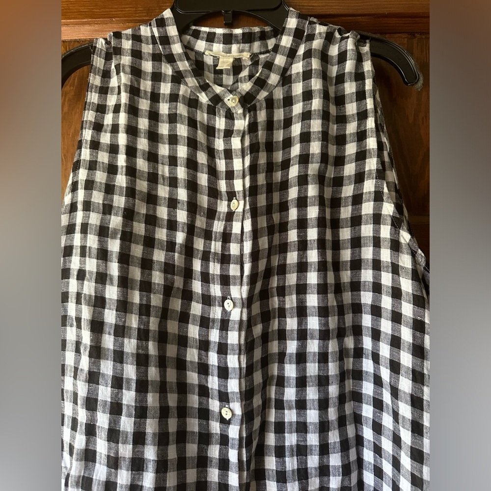 Eileen Fisher Black and White Gingham Button-Front Top